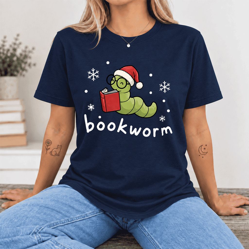 Noel Bookworm Ultra-Soft Cotton T-Shirt | Reader Christmas Gift Navy