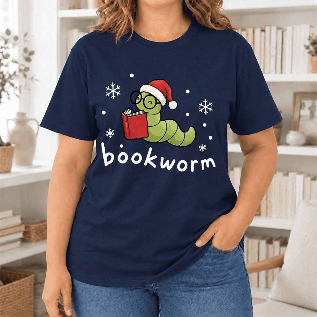 Noel Bookworm Ultra-Soft Cotton T-Shirt | Reader Christmas Gift Navy