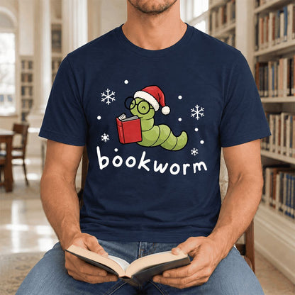 Noel Bookworm Ultra-Soft Cotton T-Shirt | Reader Christmas Gift Navy