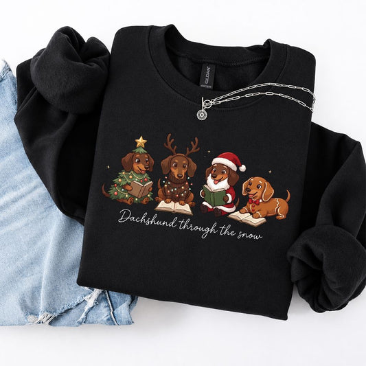 Dachshund Through The Snow Crewneck Sweatshirt | Christmas Reader Gift Black