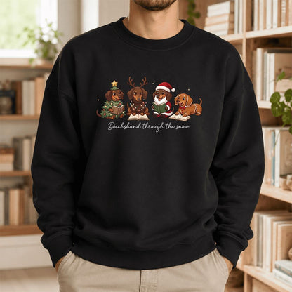 Dachshund Through The Snow Printed Sweatshirt | Christmas Reader Gift Black