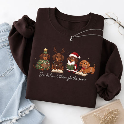 Dachshund Through The Snow Printed Sweatshirt | Christmas Reader Gift Dark Chocolate