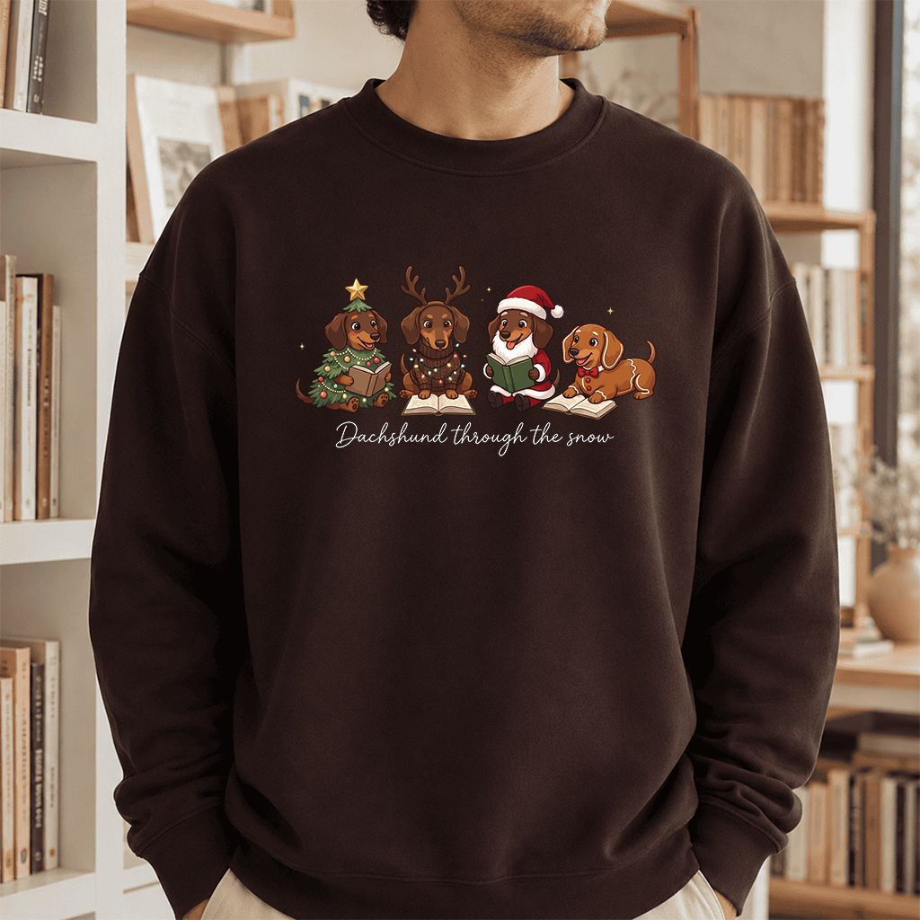 Dachshund Through The Snow Printed Sweatshirt | Christmas Reader Gift Dark Chocolate