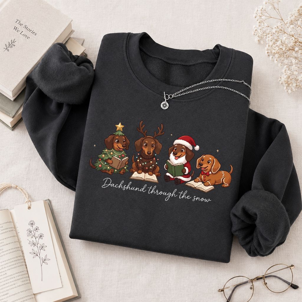 Dachshund Through The Snow Printed Sweatshirt | Christmas Reader Gift Dark Heather