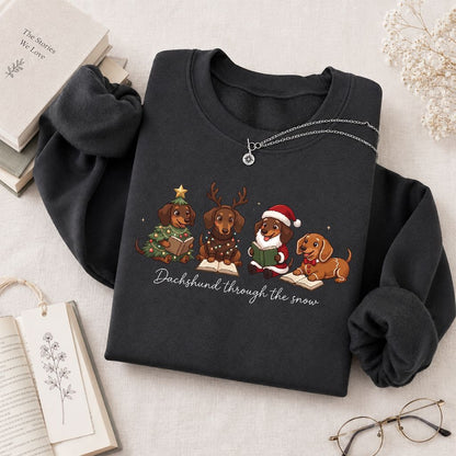 Dachshund Through The Snow Printed Sweatshirt | Christmas Reader Gift Dark Heather