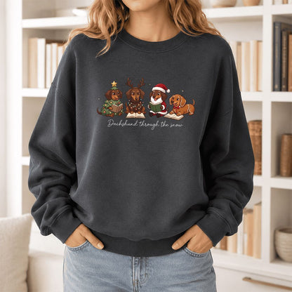 Dachshund Through The Snow Printed Sweatshirt | Christmas Reader Gift Dark Heather