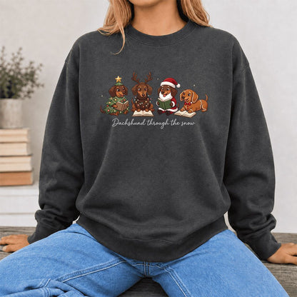 Dachshund Through The Snow Printed Sweatshirt | Christmas Reader Gift Dark Heather