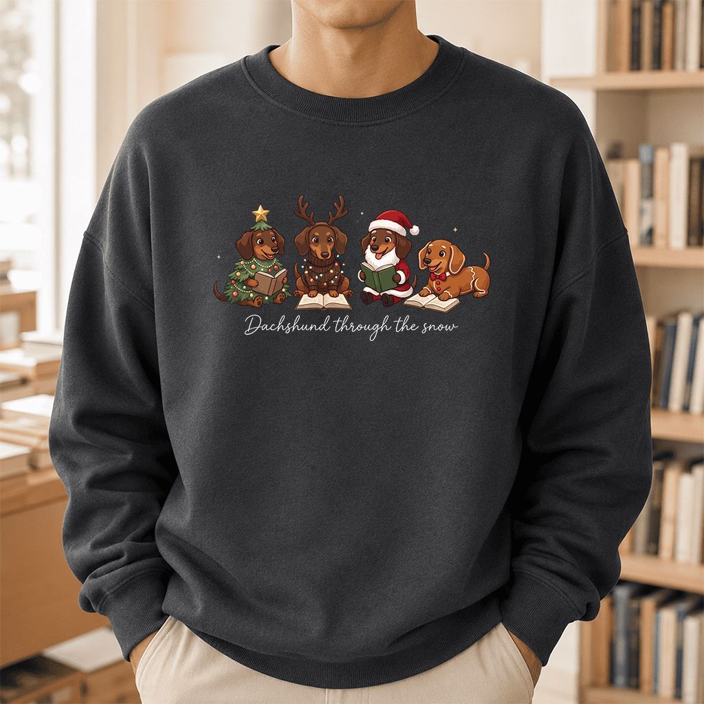 Dachshund Through The Snow Printed Sweatshirt | Christmas Reader Gift Dark Heather