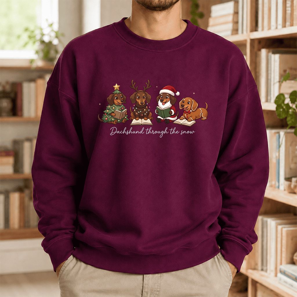 Dachshund Through The Snow Printed Sweatshirt | Christmas Reader Gift Maroon