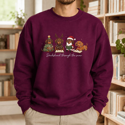 Dachshund Through The Snow Printed Sweatshirt | Christmas Reader Gift Maroon