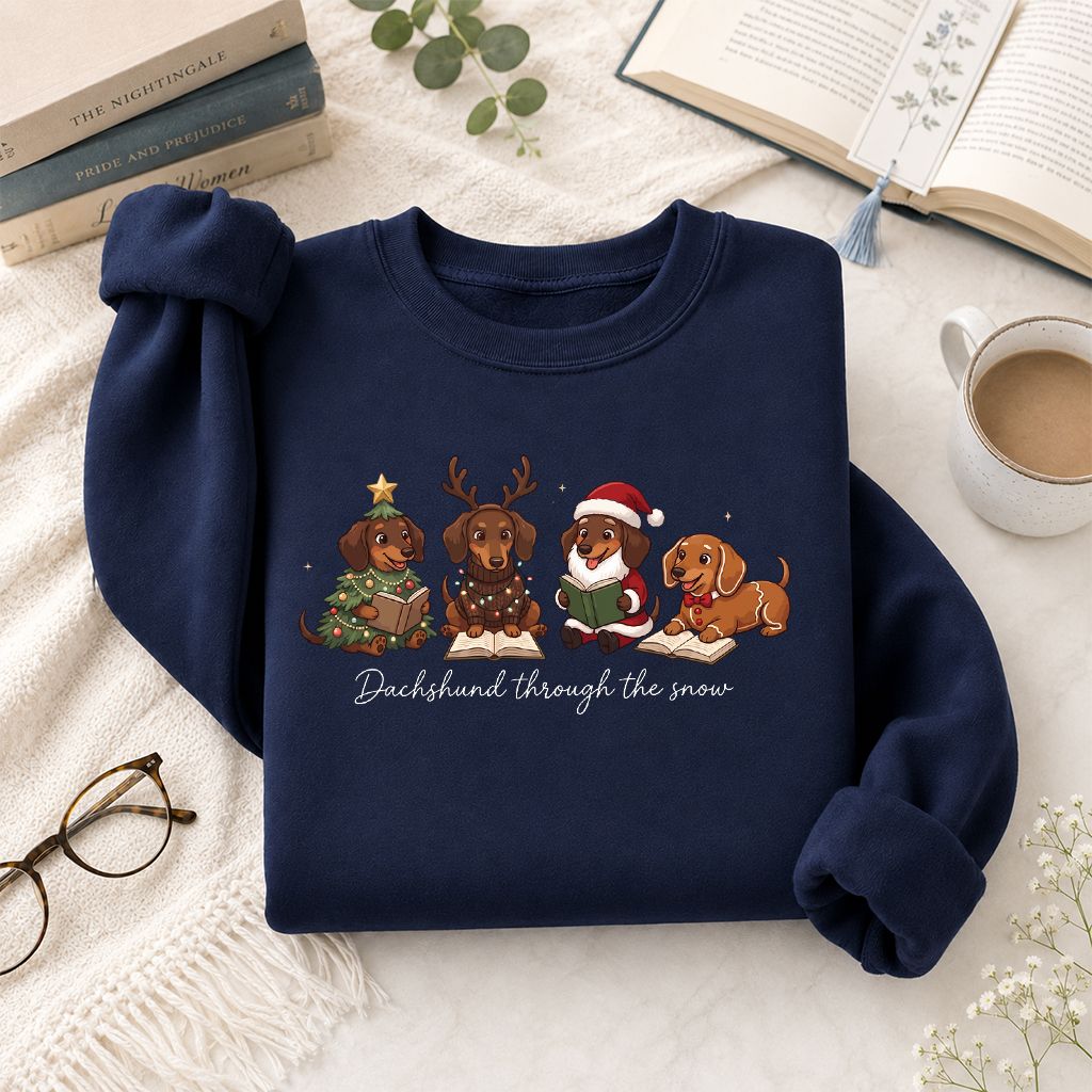 Dachshund Through The Snow Printed Sweatshirt | Christmas Reader Gift Navy
