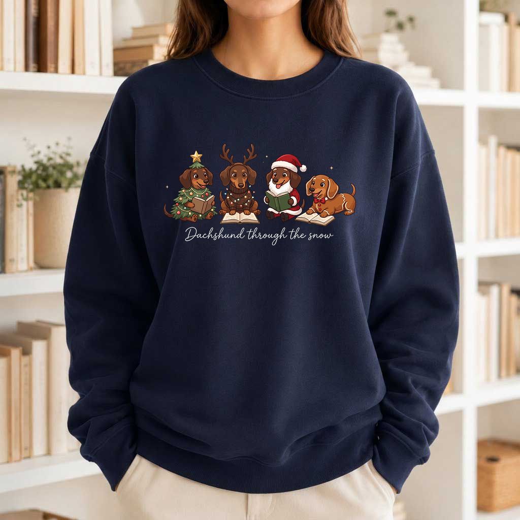 Dachshund Through The Snow Printed Sweatshirt | Christmas Reader Gift Navy