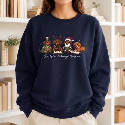 Dachshund Through The Snow Printed Sweatshirt | Christmas Reader Gift Navy