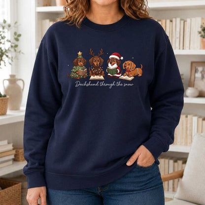 Dachshund Through The Snow Printed Sweatshirt | Christmas Reader Gift Navy