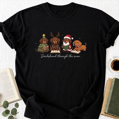 Dachshund Through The Snow Printed T-Shirt | Christmas Reader Gift Black