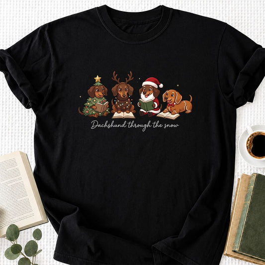 Dachshund Through The Snow Printed T-Shirt | Christmas Reader Gift Black