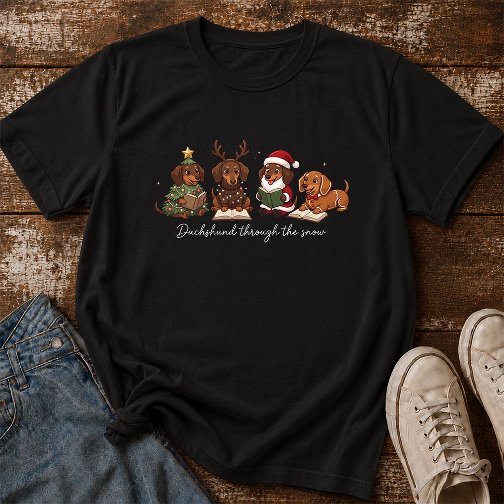Dachshund Through The Snow Printed T-Shirt | Christmas Reader Gift Black