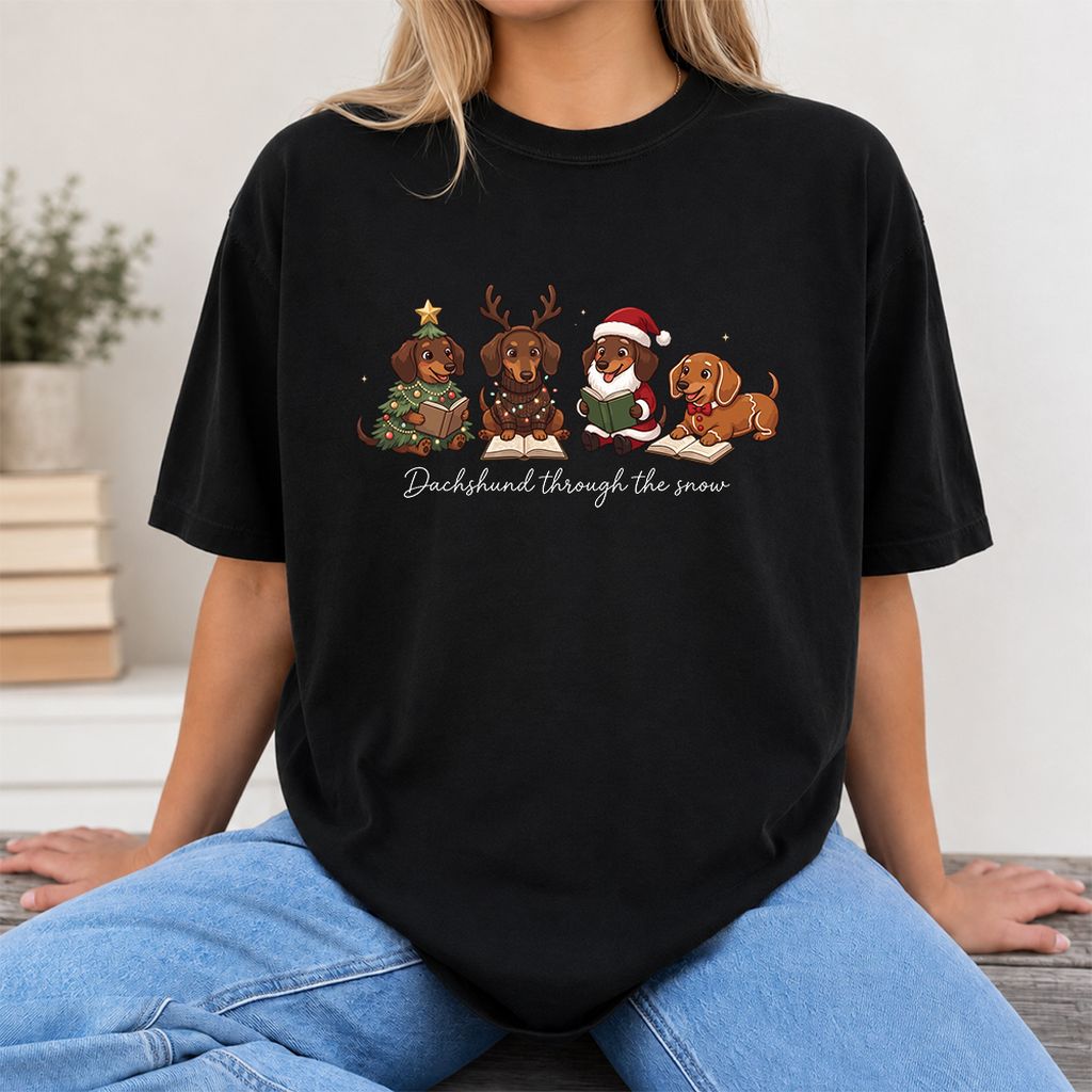 Dachshund Through The Snow Printed T-Shirt | Christmas Reader Gift Black