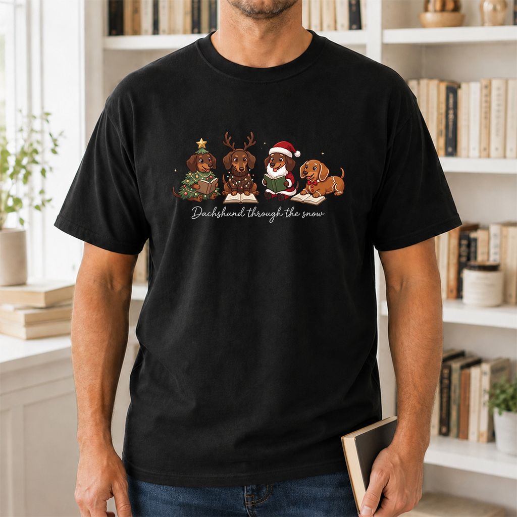 Dachshund Through The Snow Printed T-Shirt | Christmas Reader Gift Black
