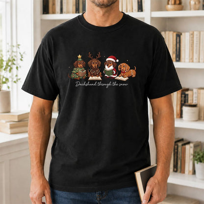 Dachshund Through The Snow Printed T-Shirt | Christmas Reader Gift Black