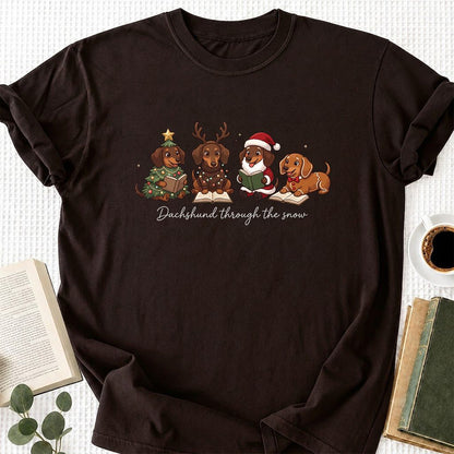 Dachshund Through The Snow Printed T-Shirt | Christmas Reader Gift Dark Chocolate