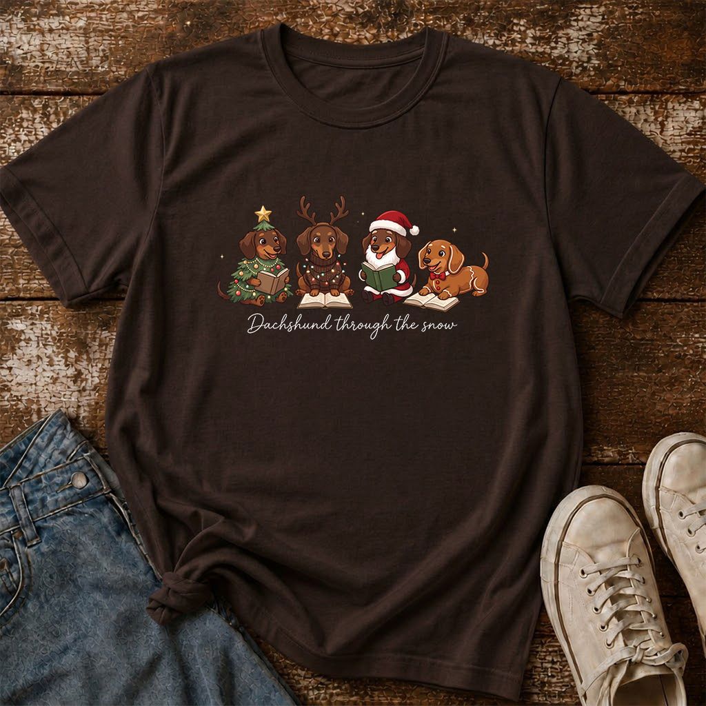 Dachshund Through The Snow Printed T-Shirt | Christmas Reader Gift Dark Chocolate