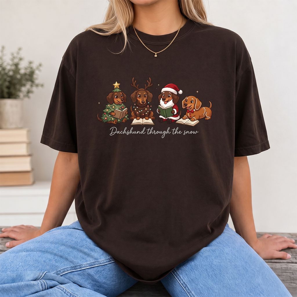 Dachshund Through The Snow Printed T-Shirt | Christmas Reader Gift Dark Chocolate