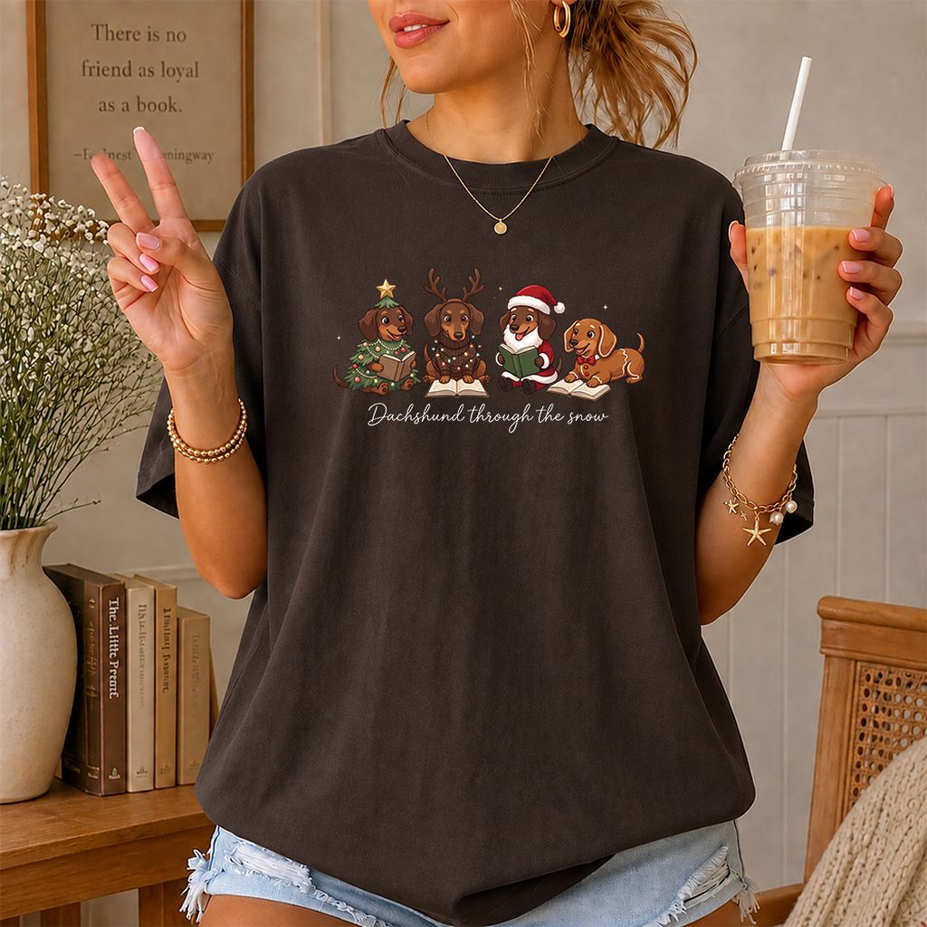 Dachshund Through The Snow Printed T-Shirt | Christmas Reader Gift Dark Chocolate