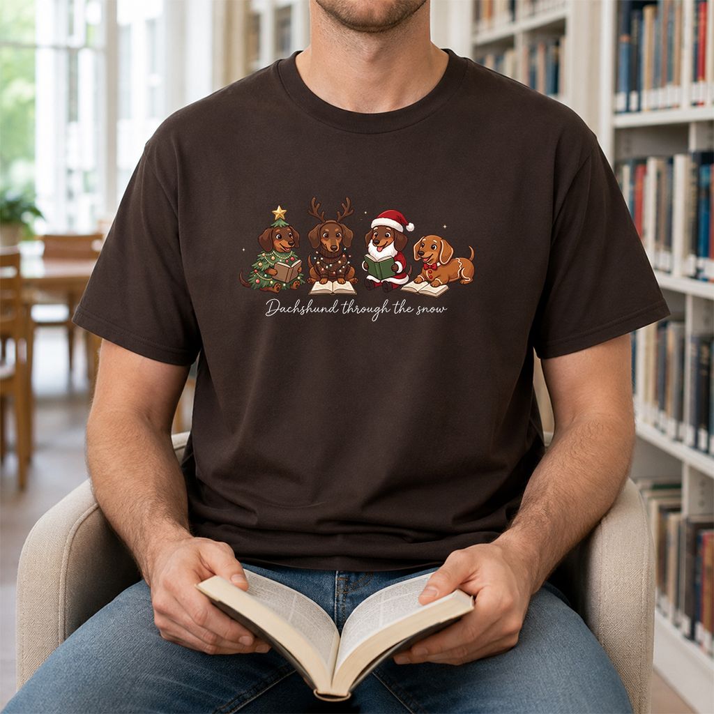 Dachshund Through The Snow Printed T-Shirt | Christmas Reader Gift Dark Chocolate