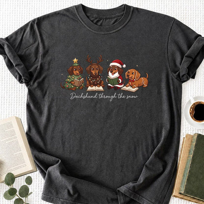 Dachshund Through The Snow Printed T-Shirt | Christmas Reader Gift Dark Heather