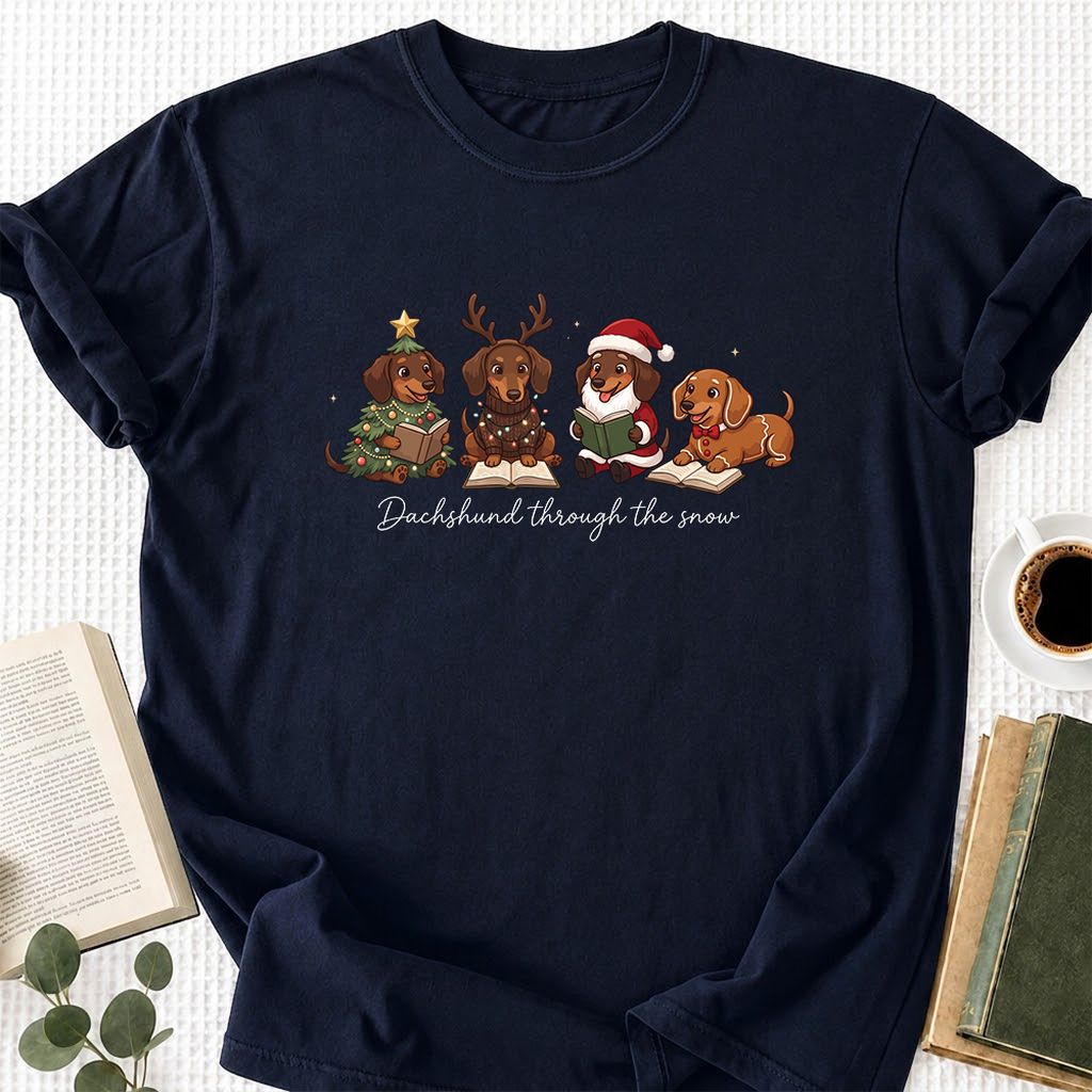 Dachshund Through The Snow Printed T-Shirt | Christmas Reader Gift Navy