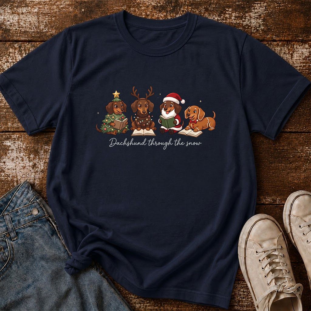 Dachshund Through The Snow Printed T-Shirt | Christmas Reader Gift Navy