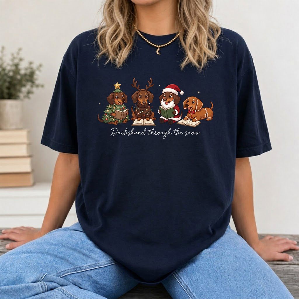 Dachshund Through The Snow Printed T-Shirt | Christmas Reader Gift Navy