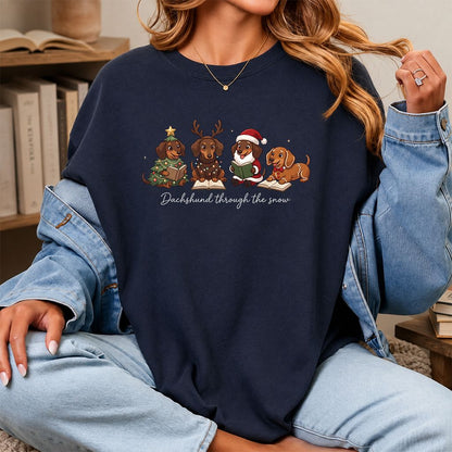 Dachshund Through The Snow Printed T-Shirt | Christmas Reader Gift Navy