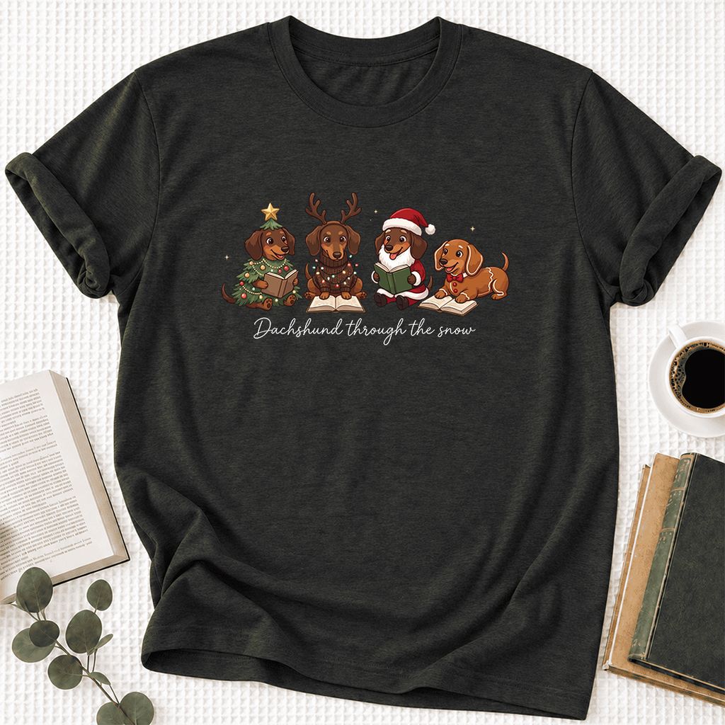 Dachshund Through The Snow Ultra-Soft Cotton T-Shirt | Christmas Reader Gift Black Heather