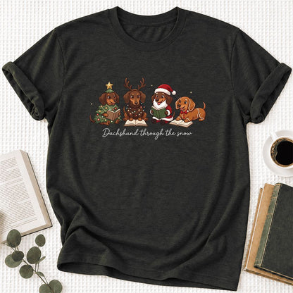 Dachshund Through The Snow Ultra-Soft Cotton T-Shirt | Christmas Reader Gift Black Heather