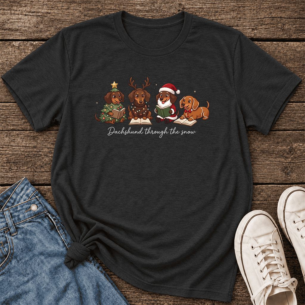 Dachshund Through The Snow Ultra-Soft Cotton T-Shirt | Christmas Reader Gift Black Heather