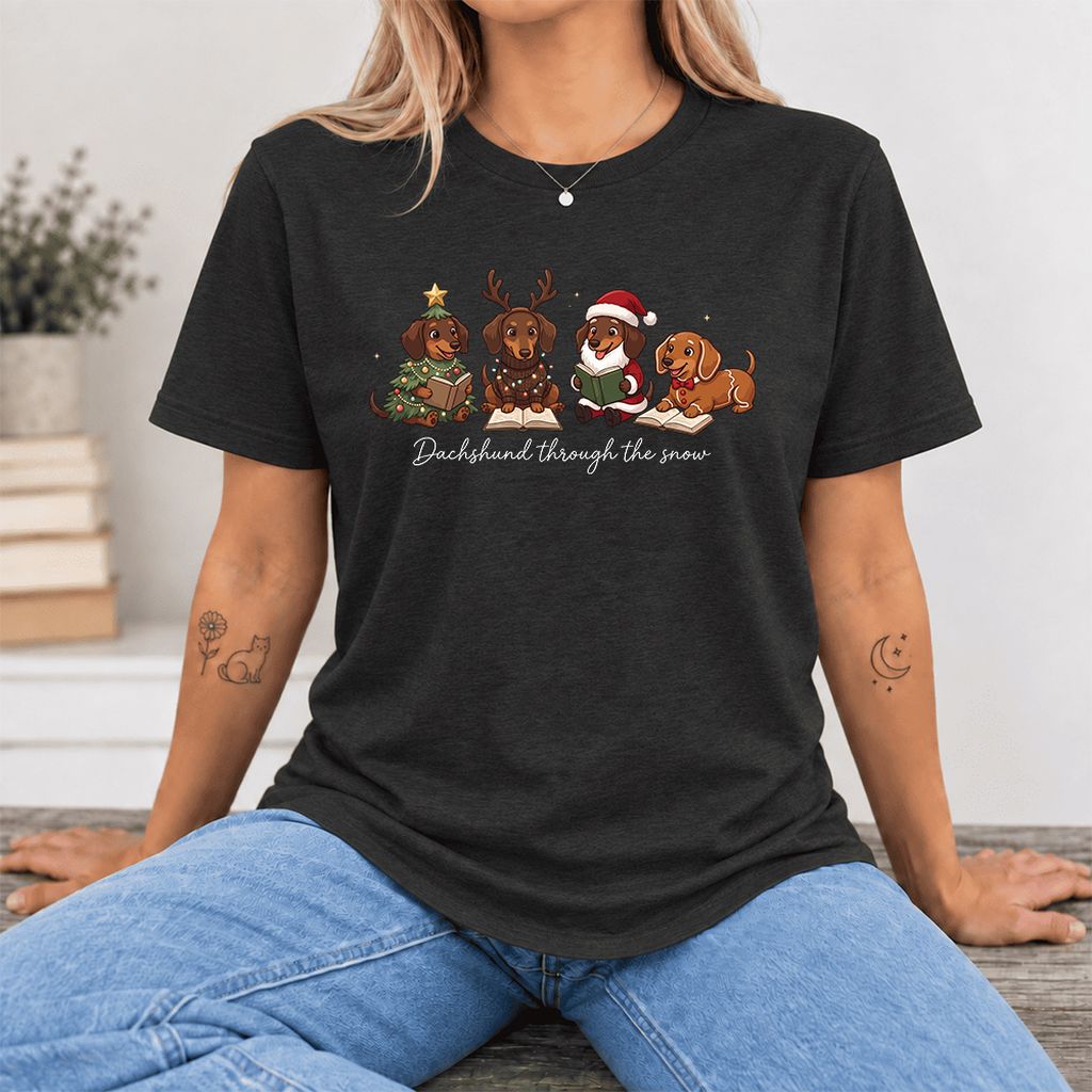 Dachshund Through The Snow Ultra-Soft Cotton T-Shirt | Christmas Reader Gift Black Heather