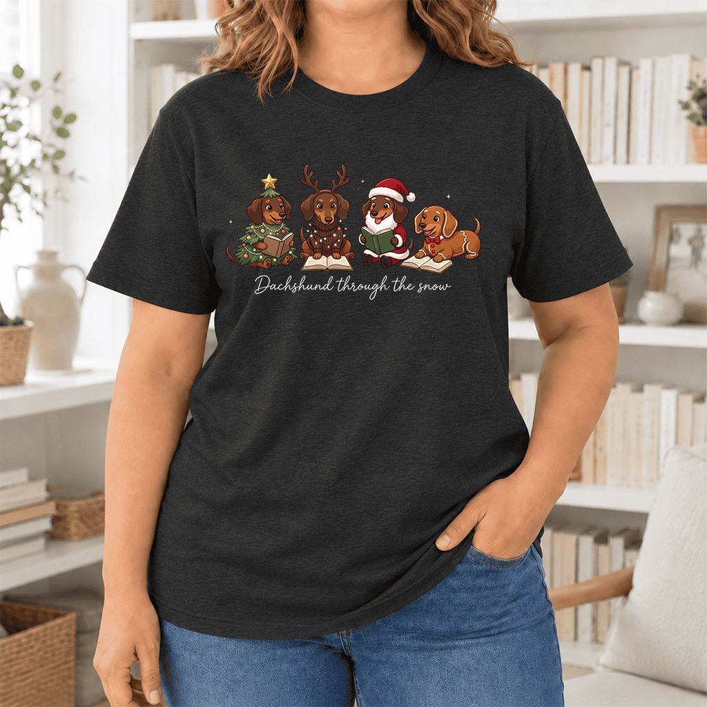 Dachshund Through The Snow Ultra-Soft Cotton T-Shirt | Christmas Reader Gift Black Heather