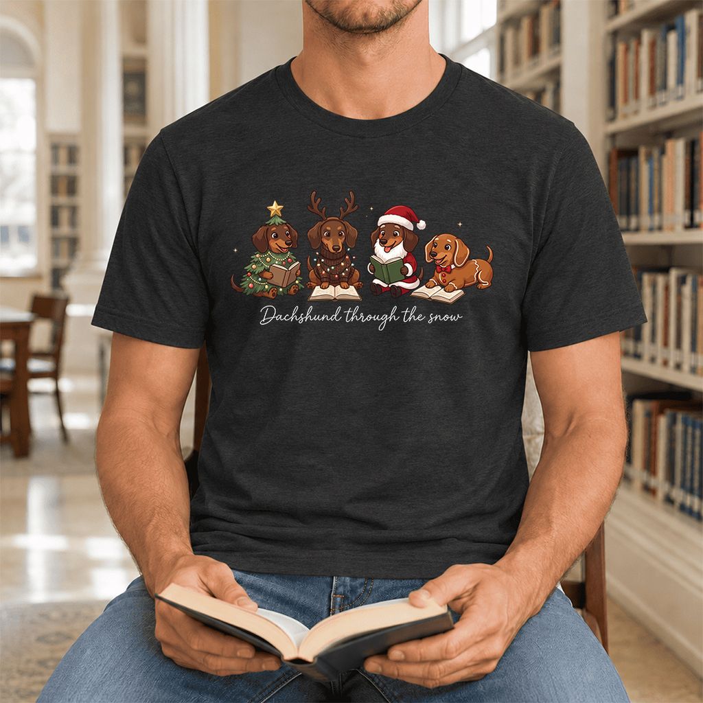 Dachshund Through The Snow Ultra-Soft Cotton T-Shirt | Christmas Reader Gift Black Heather