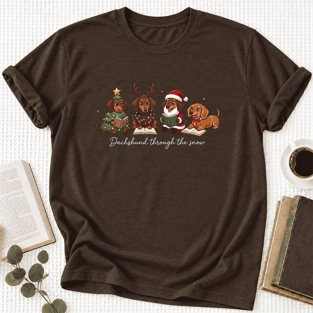 Dachshund Through The Snow Ultra-Soft Cotton T-Shirt | Christmas Reader Gift Brown