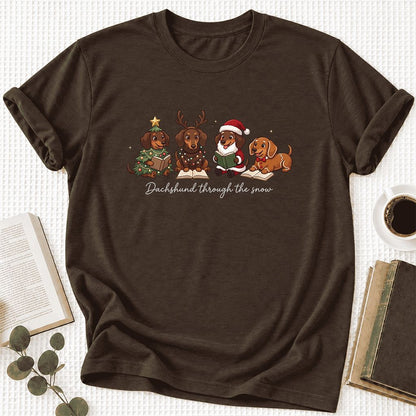 Dachshund Through The Snow Ultra-Soft Cotton T-Shirt | Christmas Reader Gift Brown