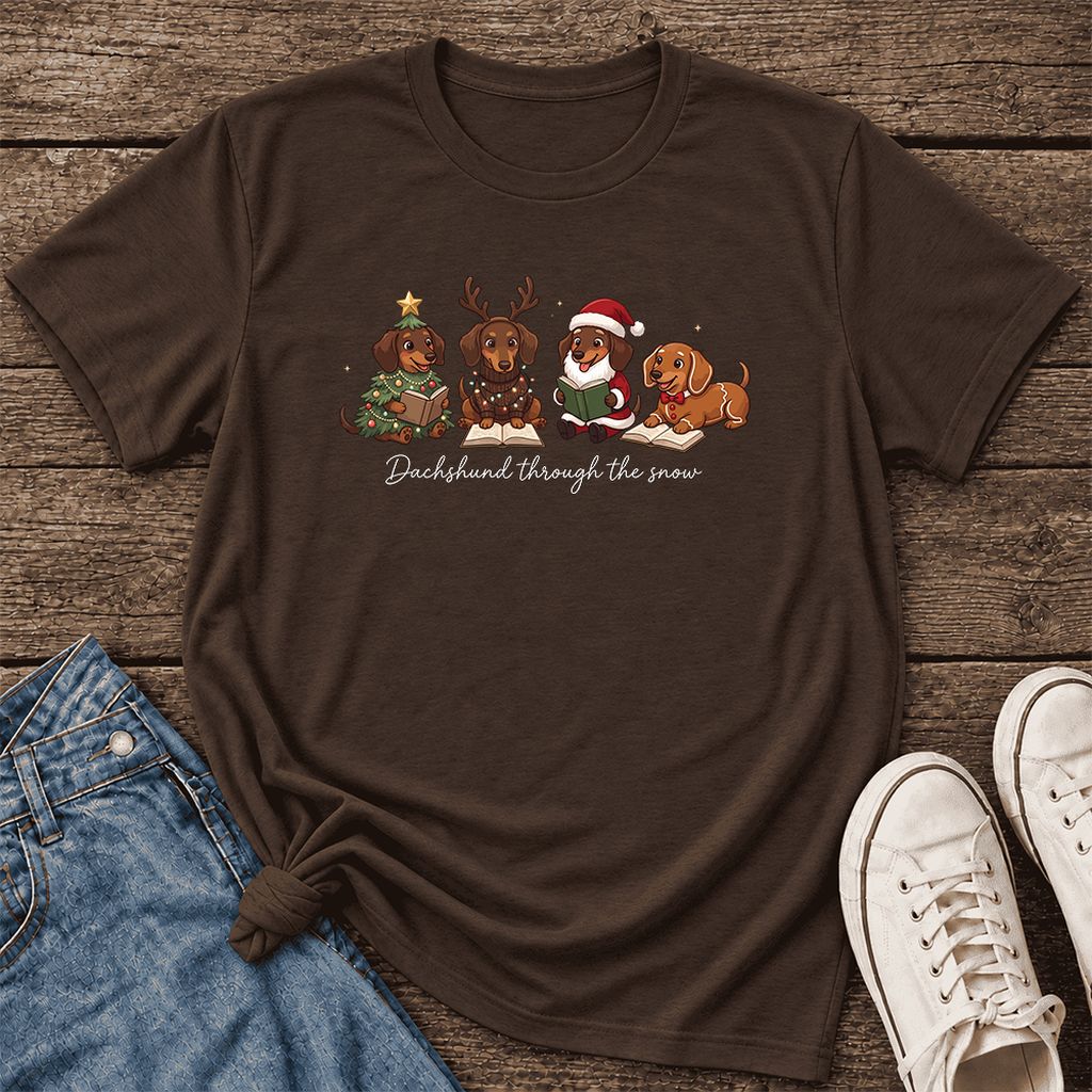 Dachshund Through The Snow Ultra-Soft Cotton T-Shirt | Christmas Reader Gift Brown