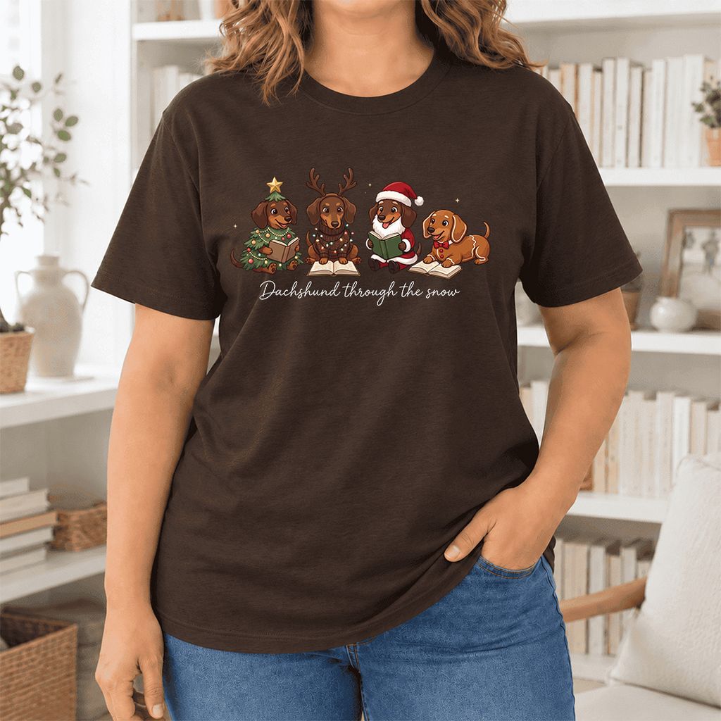 Dachshund Through The Snow Ultra-Soft Cotton T-Shirt | Christmas Reader Gift Brown