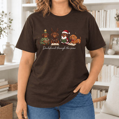 Dachshund Through The Snow Ultra-Soft Cotton T-Shirt | Christmas Reader Gift Brown