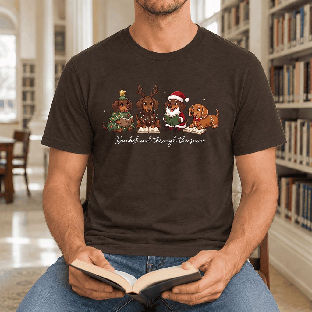 Dachshund Through The Snow Ultra-Soft Cotton T-Shirt | Christmas Reader Gift Brown