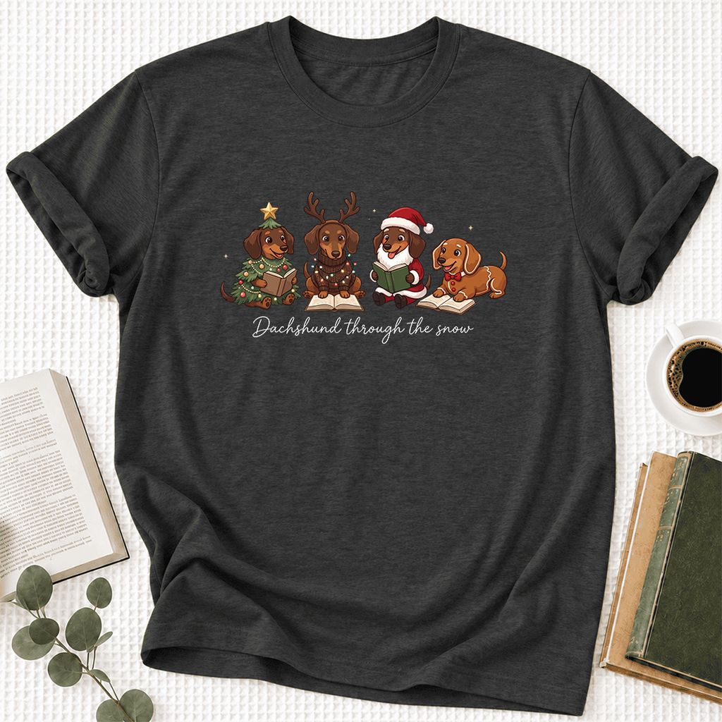 Dachshund Through The Snow Ultra-Soft Cotton T-Shirt | Christmas Reader Gift Dark Grey Heather