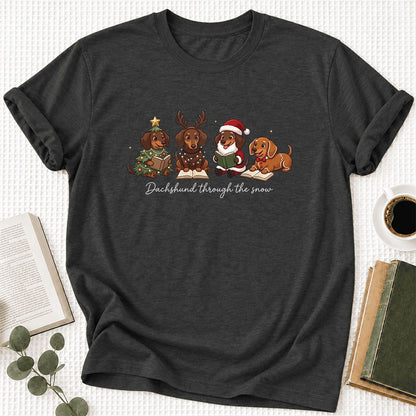 Dachshund Through The Snow Ultra-Soft Cotton T-Shirt | Christmas Reader Gift Dark Grey Heather