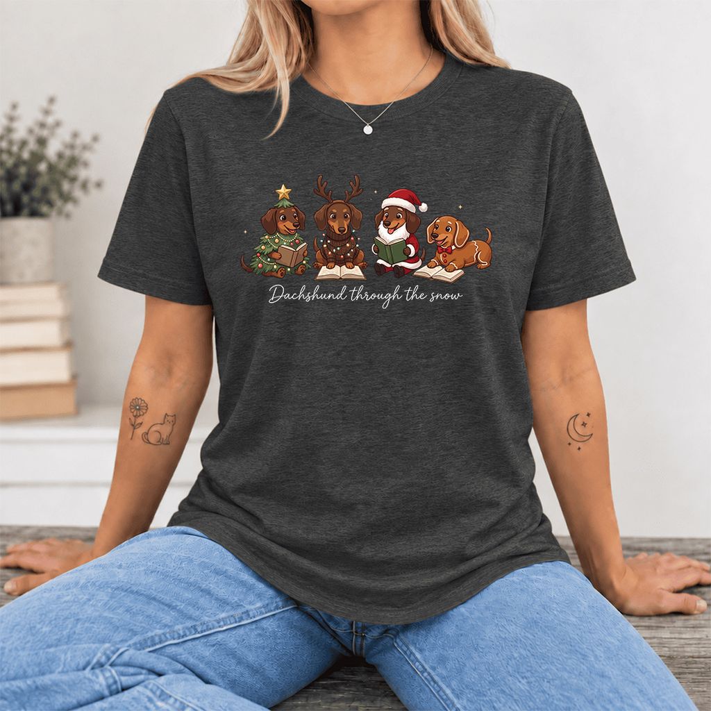 Dachshund Through The Snow Ultra-Soft Cotton T-Shirt | Christmas Reader Gift Dark Grey Heather