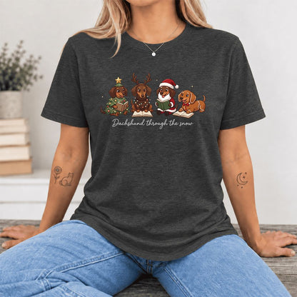 Dachshund Through The Snow Ultra-Soft Cotton T-Shirt | Christmas Reader Gift Dark Grey Heather